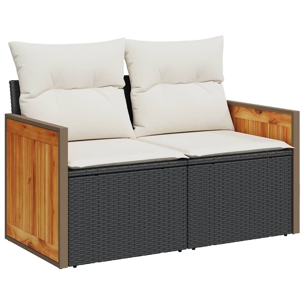 Set Divani da Giardino 9 pz con Cuscini Nero Polyrattan Acacia