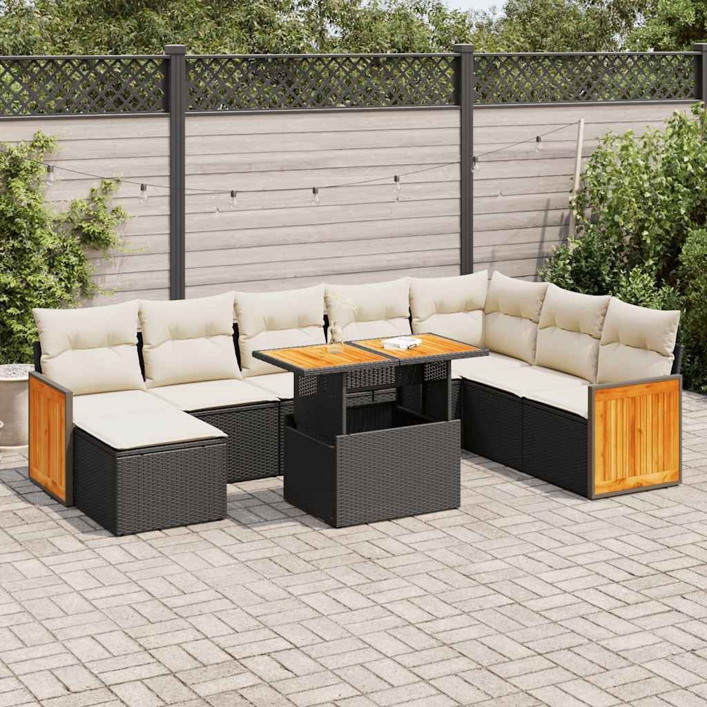 Set Divani da Giardino 9 pz con Cuscini Nero Polyrattan Acacia