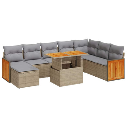 Set Divano da Giardino 9 pz con Cuscini Beige Polyrattan Acacia | homemem39