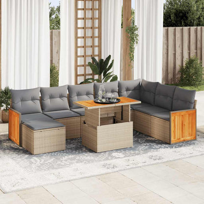 Set Divano da Giardino 9 pz con Cuscini Beige Polyrattan Acacia | homemem39