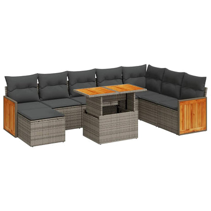 Set Divano da Giardino 9pz con Cuscini Grigio Polyrattan Acacia