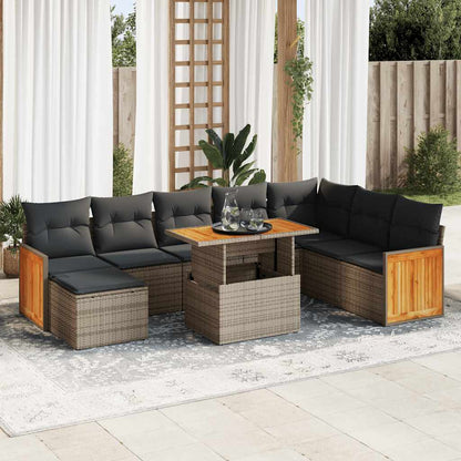 Set Divano da Giardino 9pz con Cuscini Grigio Polyrattan Acacia