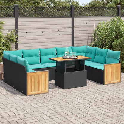 Set Divani Giardino 10pz con Cuscini Nero in Polyrattan Acacia | homemem39