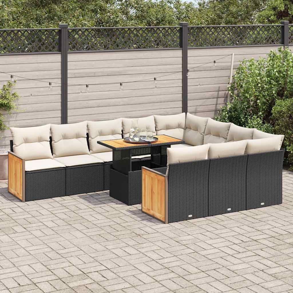 Set Divani da Giardino 11 pz con Cuscini Polyrattan Acacia Nero | homemem39