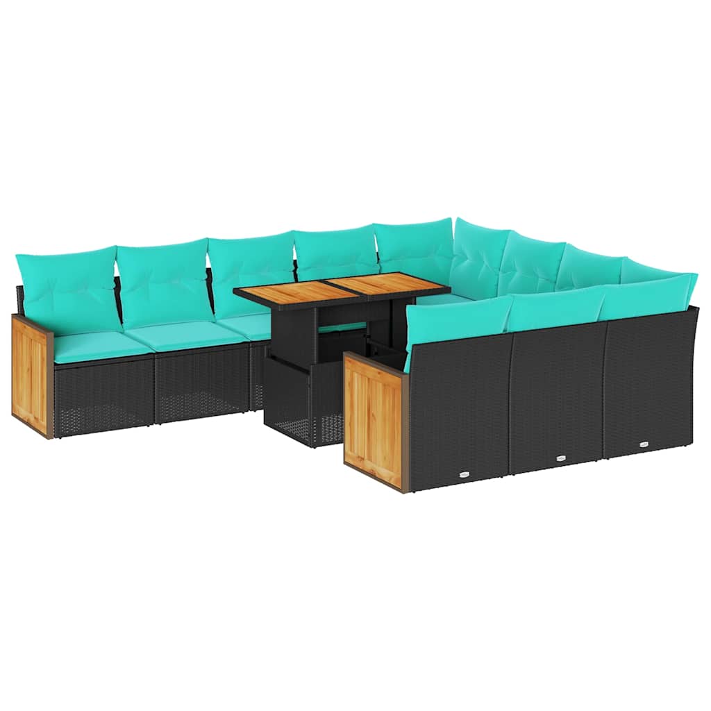 Set Divani da Giardino 11 pz con Cuscini Polyrattan Acacia Nero | homemem39