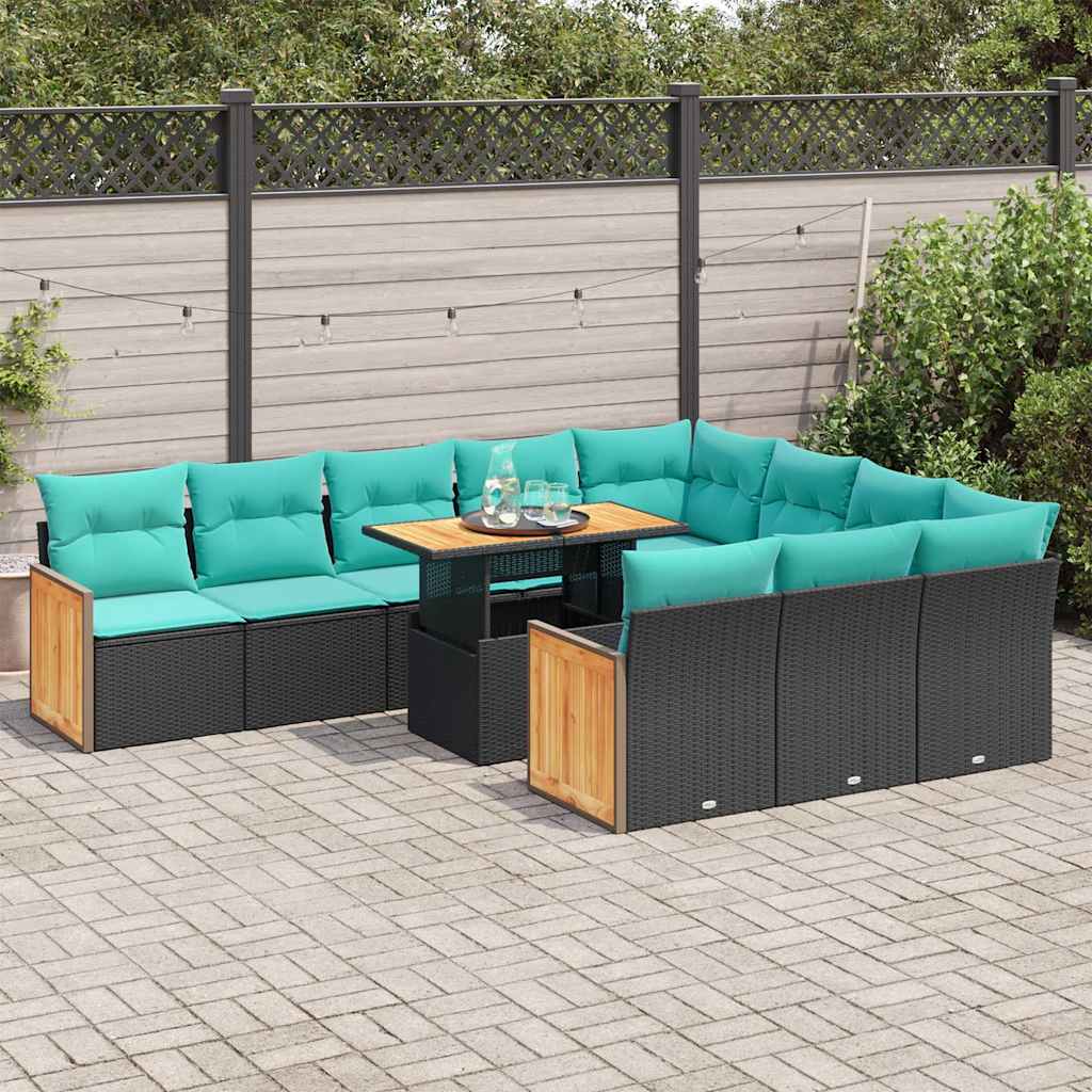 Set Divani da Giardino 11 pz con Cuscini Polyrattan Acacia Nero