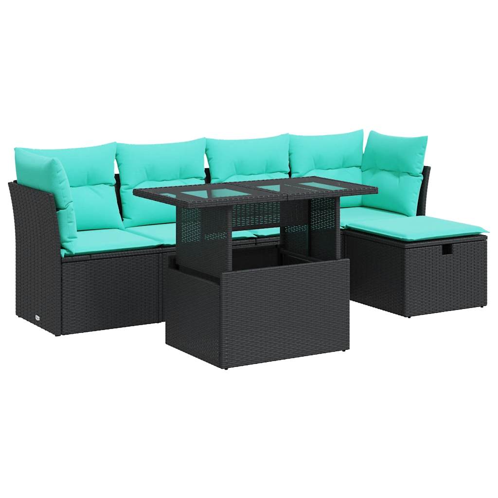 Set Divano da Giardino 6 pz con Cuscini Nero Polyrattan Acacia | homemem39