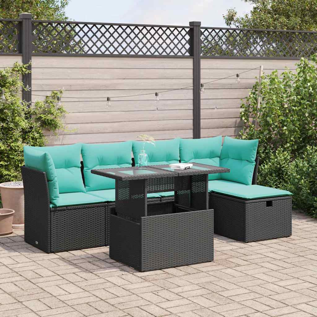 Set Divano da Giardino 6 pz con Cuscini Nero Polyrattan Acacia | homemem39