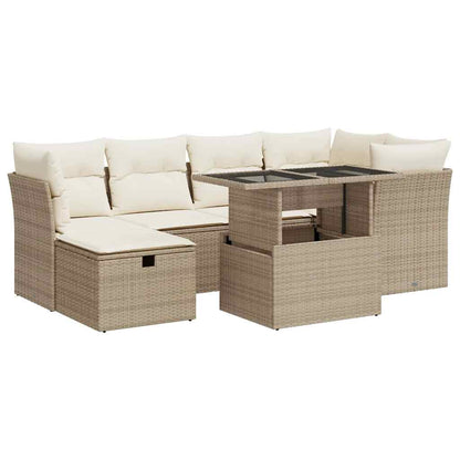 Set Divani da Giardino 7 pz con Cuscini Beige in Polyrattan