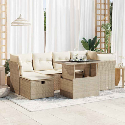 Set Divani da Giardino 7 pz con Cuscini Beige in Polyrattan