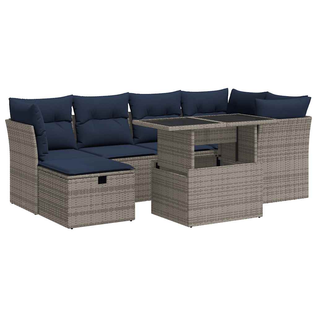 Set Divani da Giardino 7pz con Cuscini Grigio Polyrattan Acacia