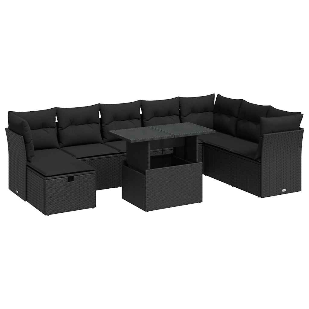 Set Divani da Giardino 9 pz con Cuscini Nero in Polyrattan | homemem39