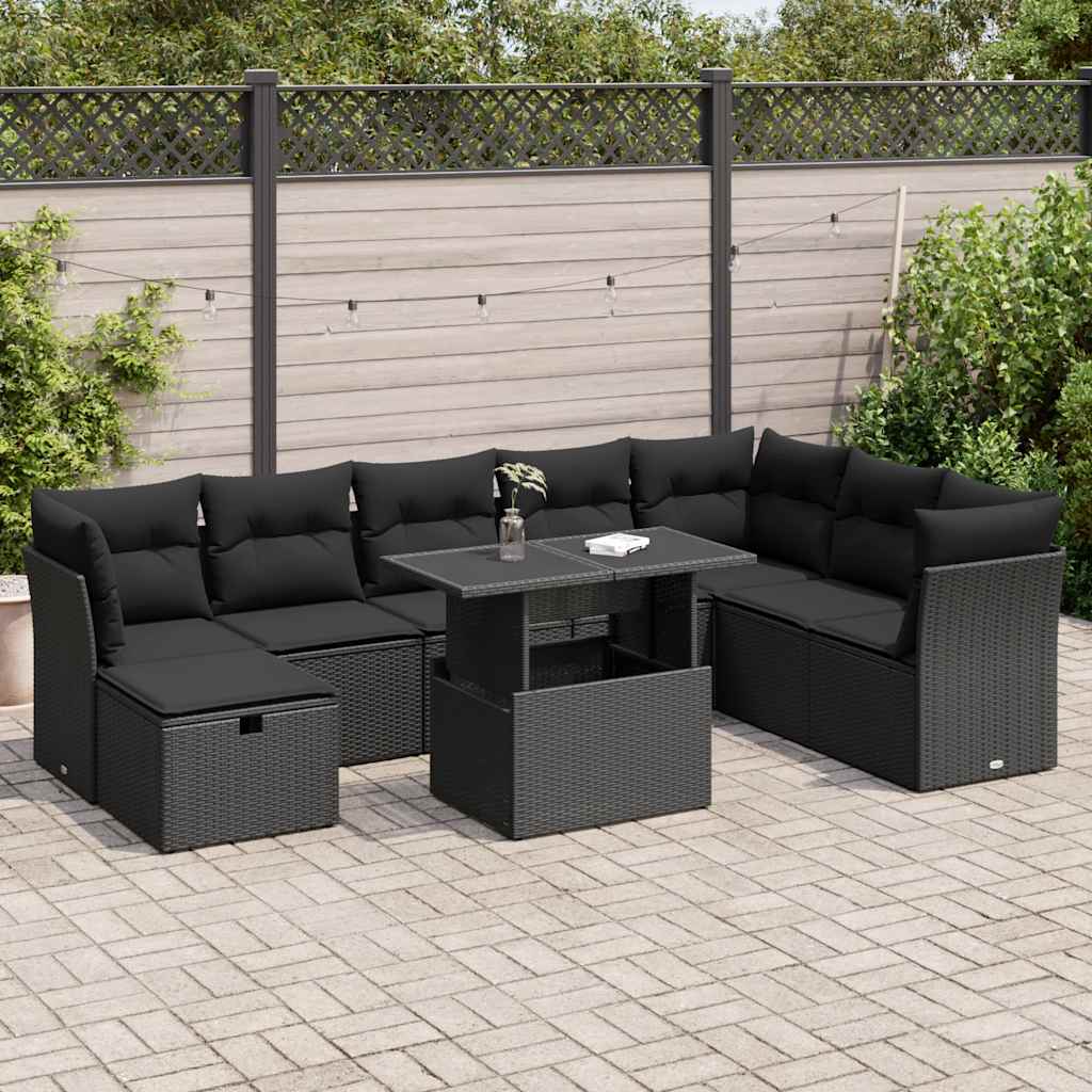 Set Divani da Giardino 9 pz con Cuscini Nero in Polyrattan | homemem39