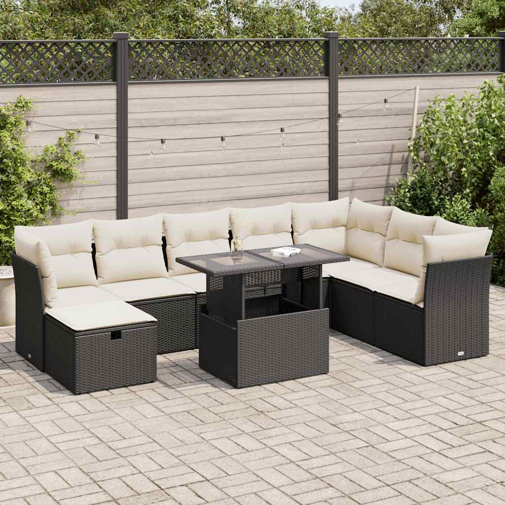 Set Divani da Giardino 9 pz con Cuscini Nero in Polyrattan | homemem39
