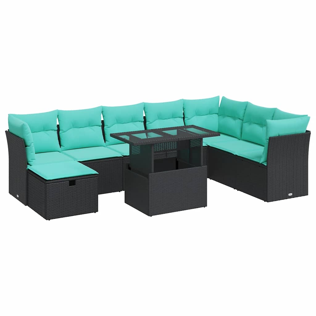 Set Divani da Giardino 9 pz con Cuscini Nero Polyrattan Acacia | homemem39