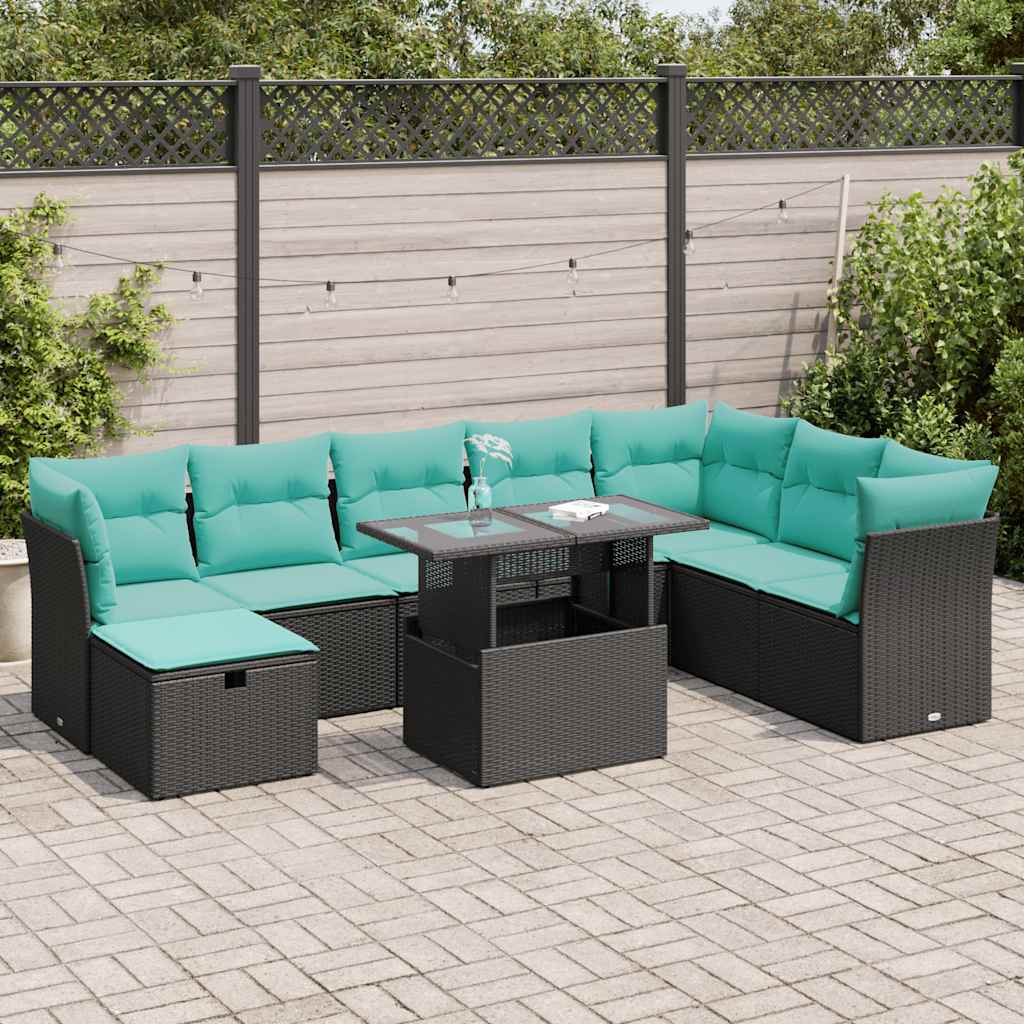 Set Divani da Giardino 9 pz con Cuscini Nero Polyrattan Acacia | homemem39