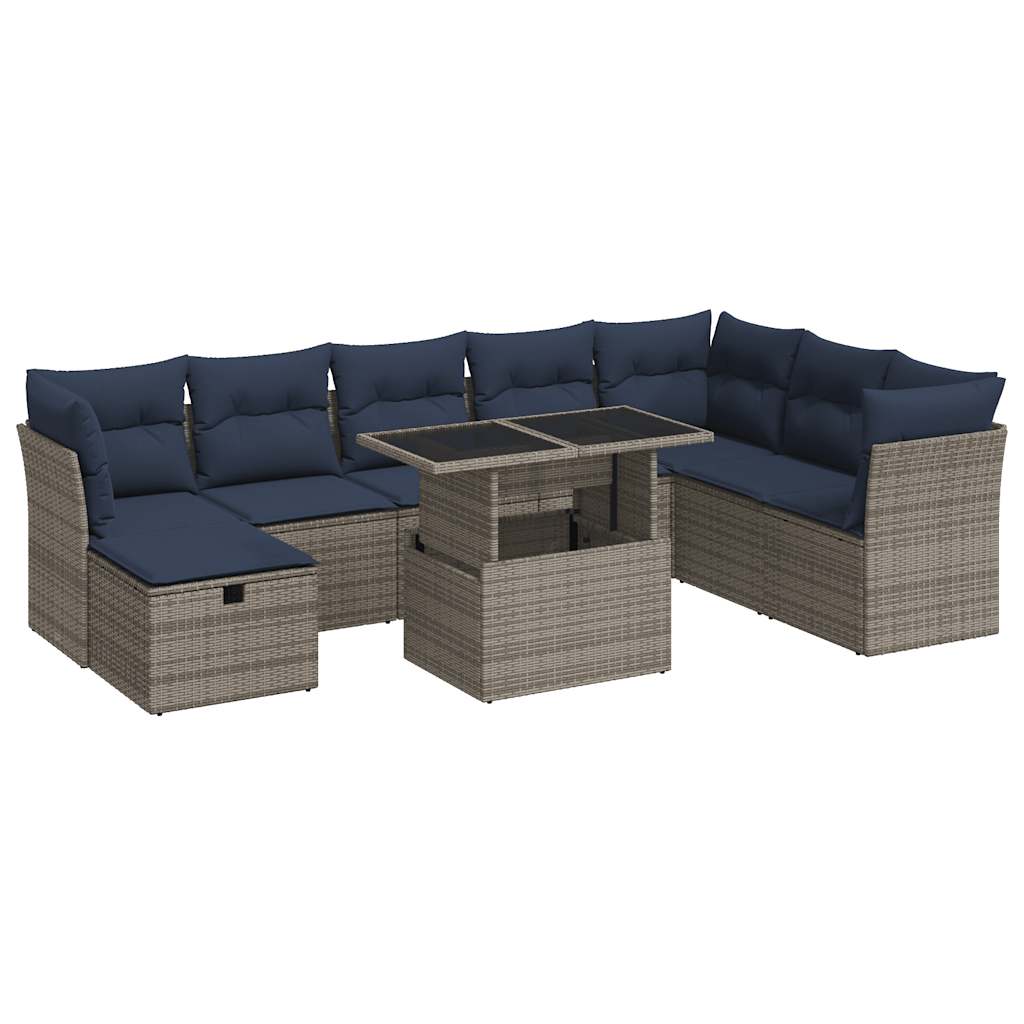Set Divano da Giardino 9pz con Cuscini Grigio Polyrattan Acacia | homemem39