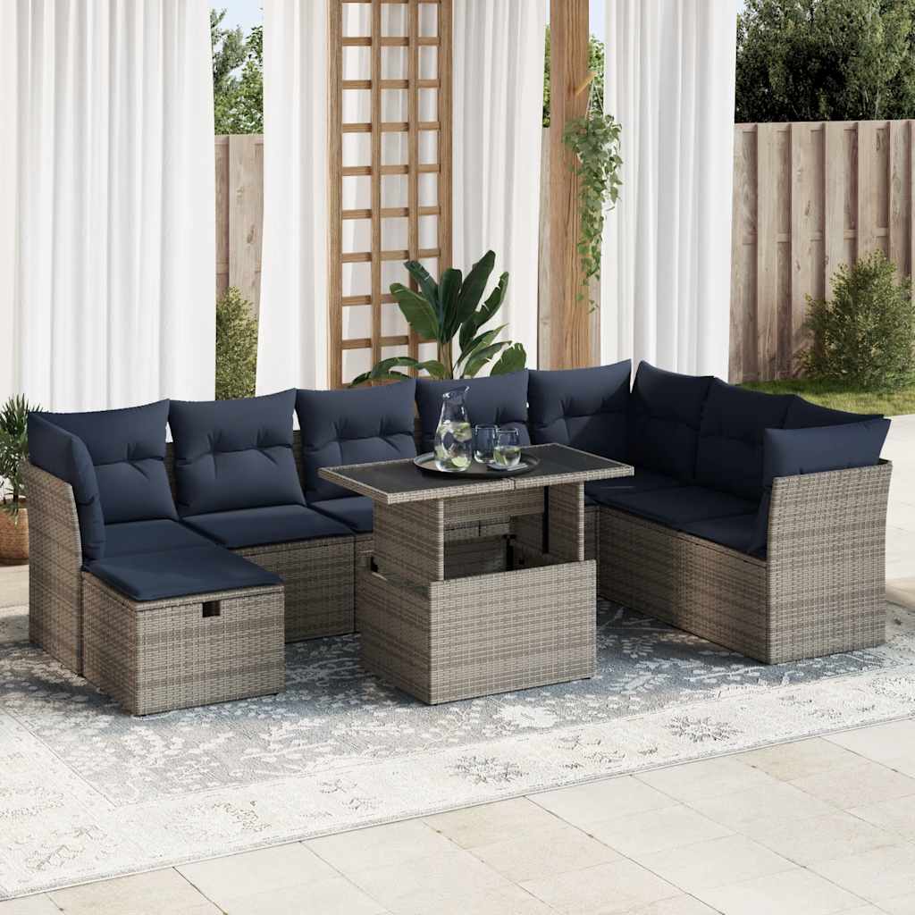 Set Divano da Giardino 9pz con Cuscini Grigio Polyrattan Acacia | homemem39
