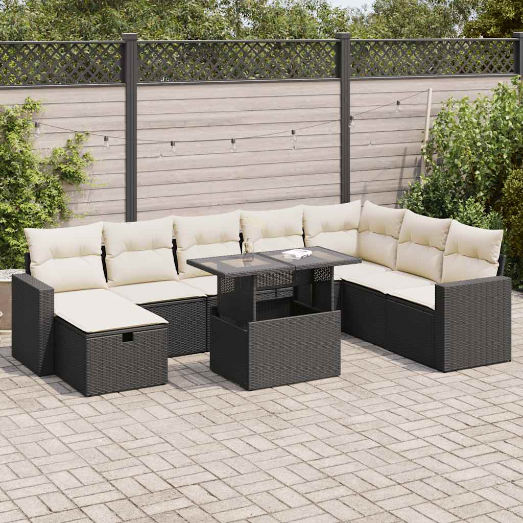 Set Divani da Giardino 9 pz con Cuscini Nero in Polyrattan | homemem39