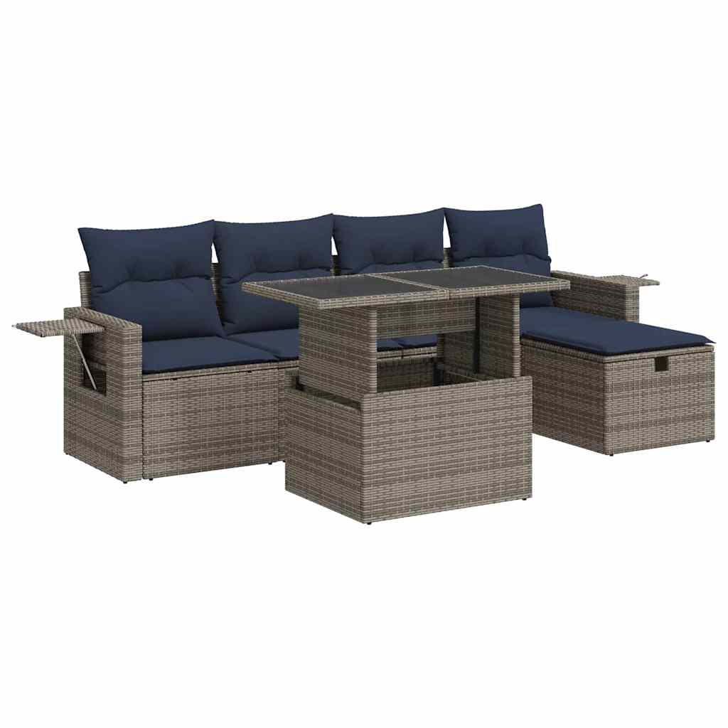 Set Divano Giardino 6 pz con Cuscini Grigio Polyrattan Acacia | homemem39