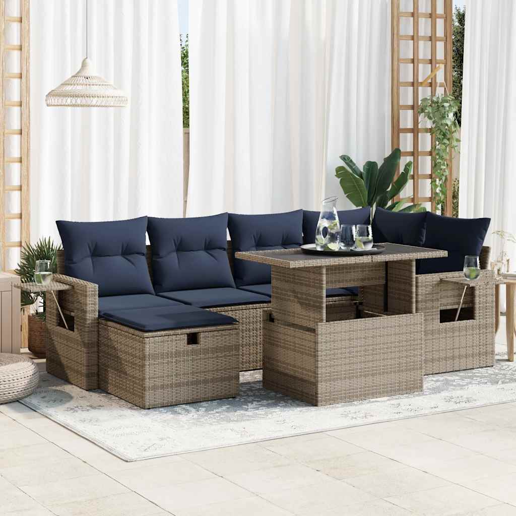 Set Divani Giardino 7 pz con Cuscini Grigio Polyrattan Acacia | homemem39