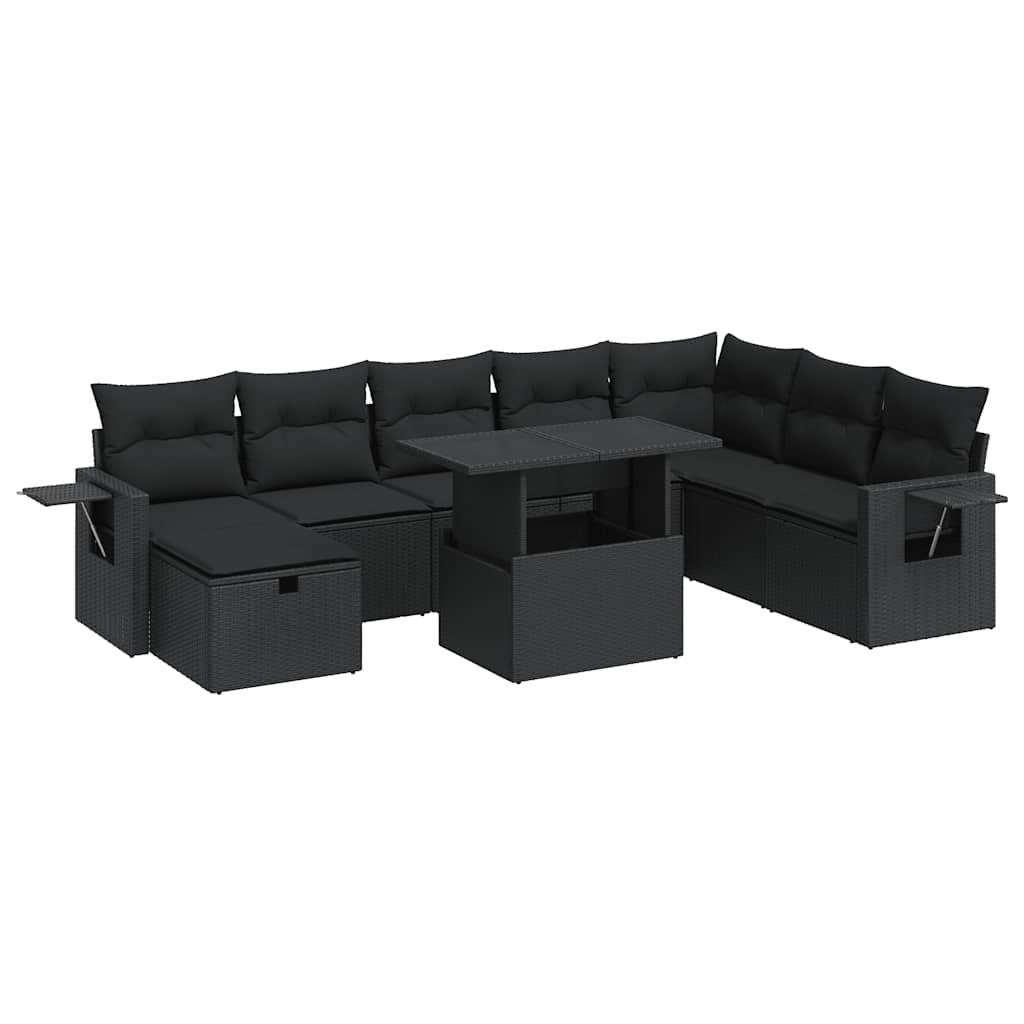 Set Divani da Giardino 9 pz con Cuscini Nero in Polyrattan