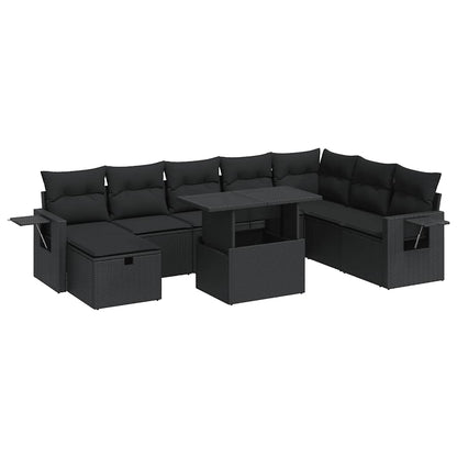 Set Divani da Giardino 9 pz con Cuscini Nero in Polyrattan