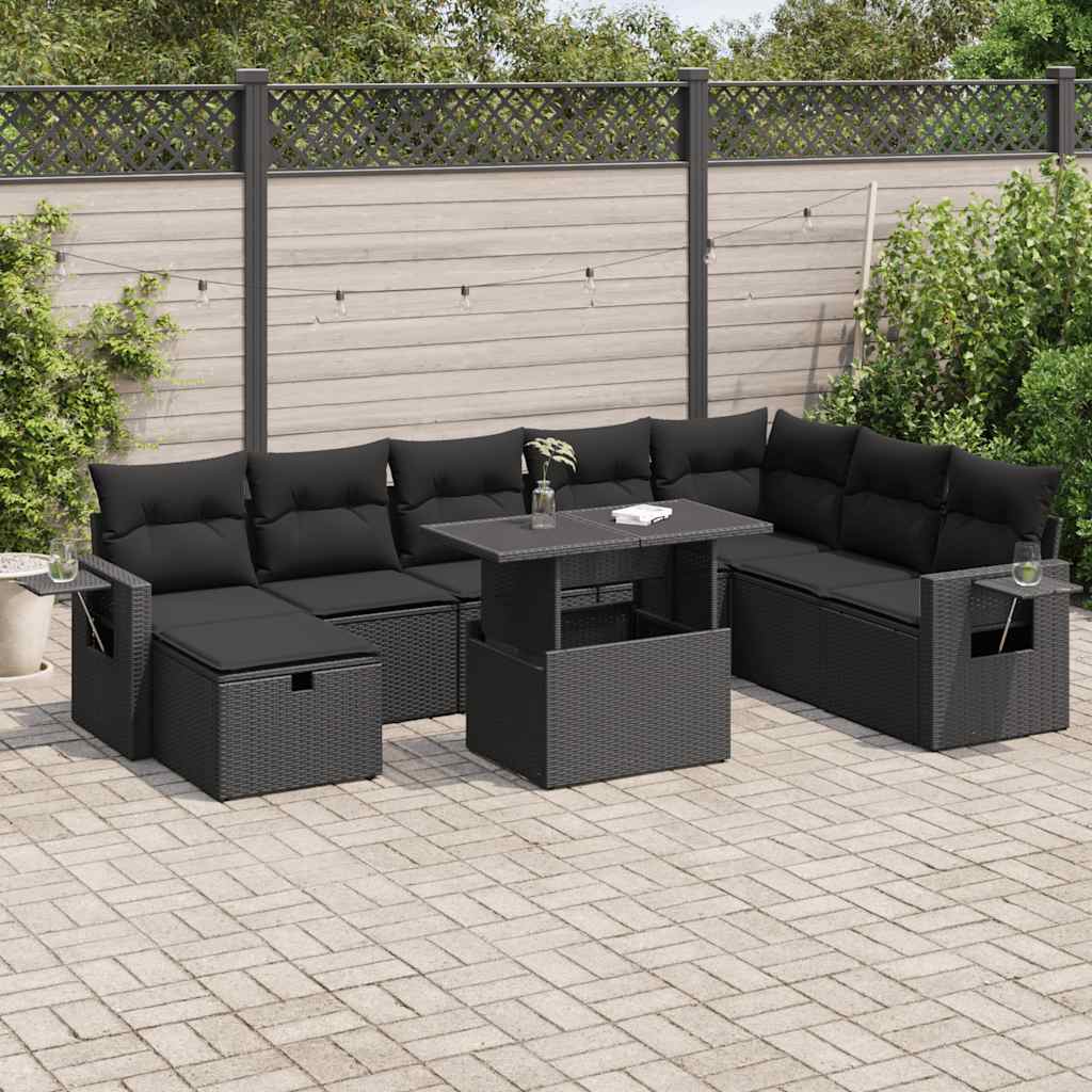 Set Divani da Giardino 9 pz con Cuscini Nero in Polyrattan | homemem39