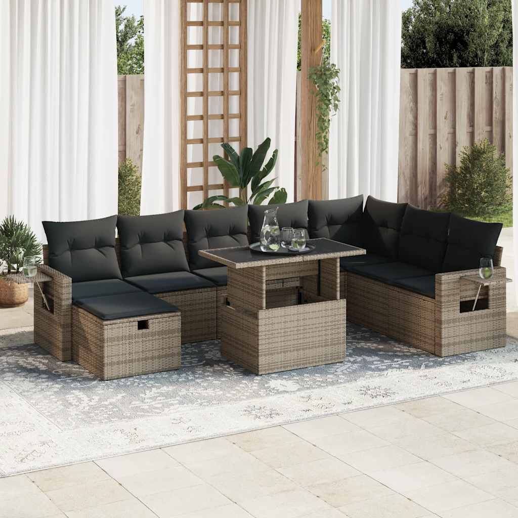 Set Divano da Giardino 9 pz con Cuscini Grigio in Polyrattan | homemem39