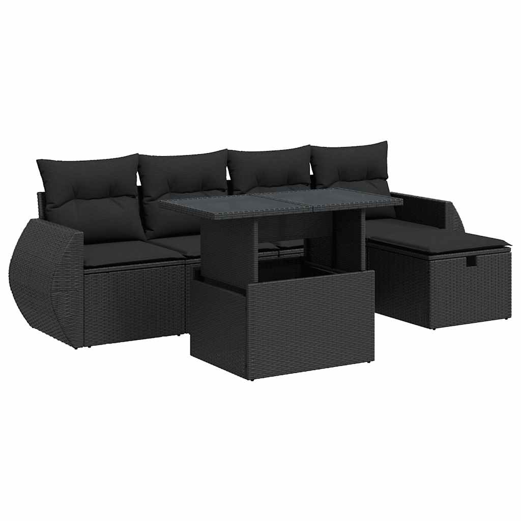 Set Divano da Giardino 6 pz con Cuscini Nero in Polyrattan