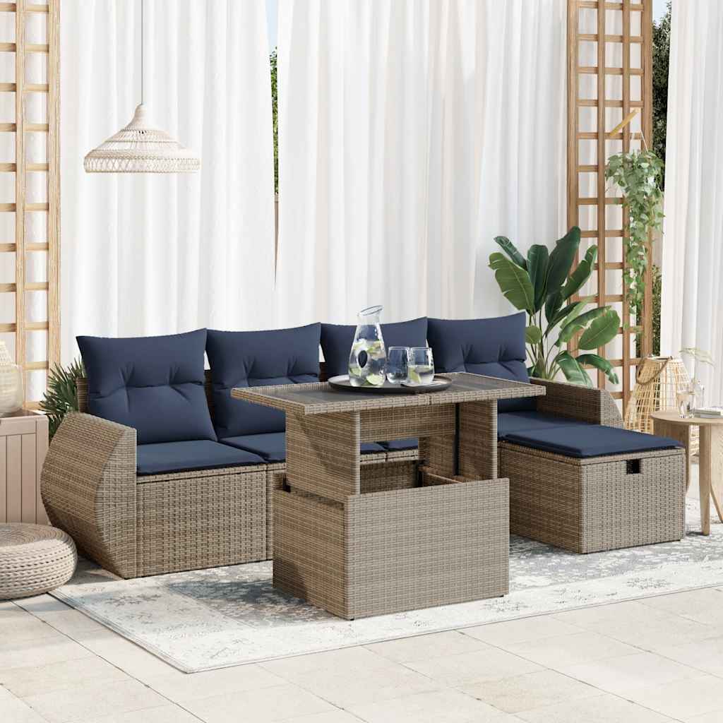 Set Divano Giardino 6 pz con Cuscini Grigio Polyrattan Acacia | homemem39