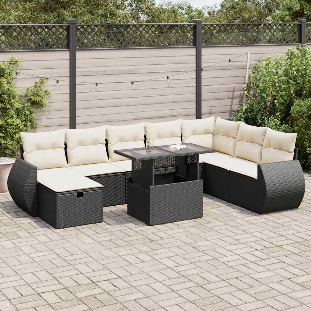 Set Divani da Giardino 9 pz con Cuscini Nero in Polyrattan | homemem39