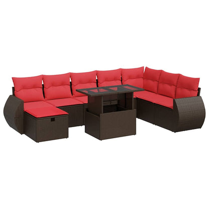 Set Divani da Giardino 9 pz con Cuscini Nero Polyrattan Acacia
