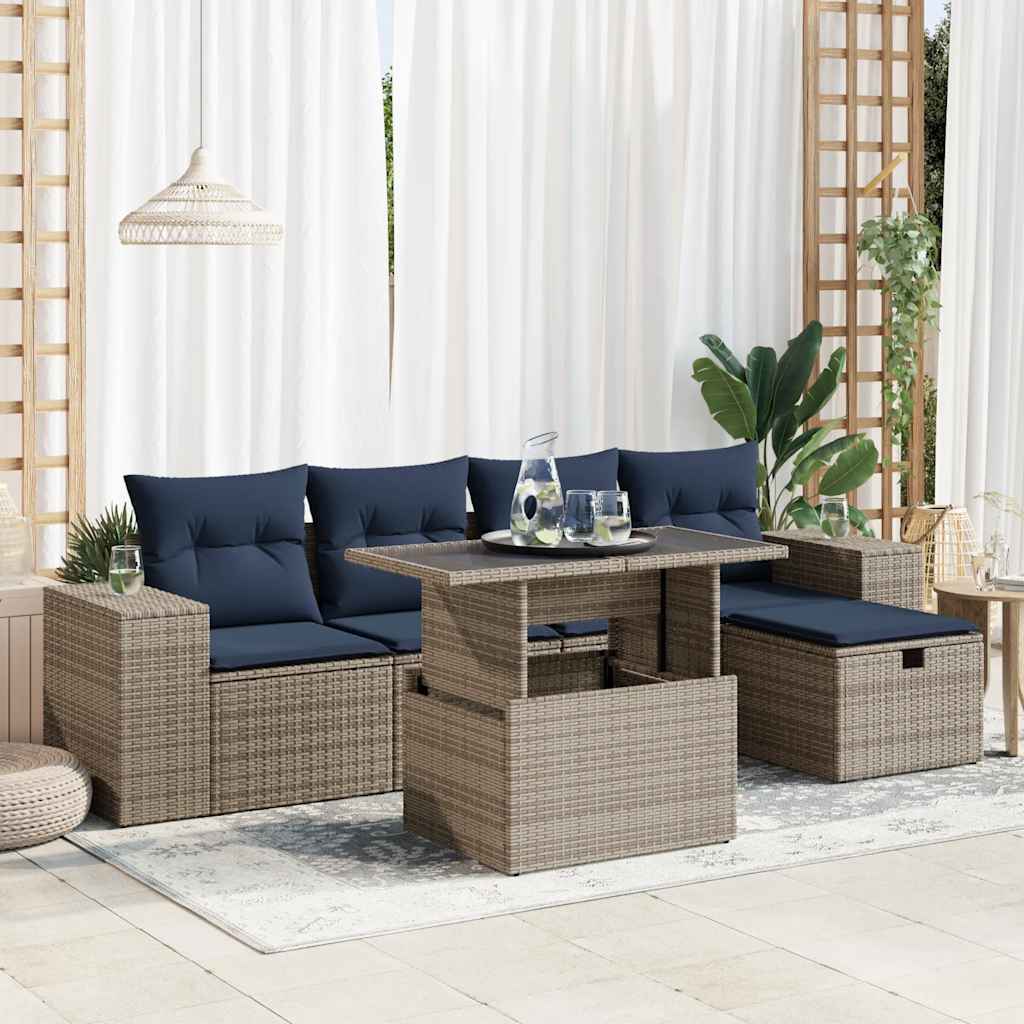 Set Divano Giardino 6 pz con Cuscini Marrone Polyrattan Acacia | homemem39