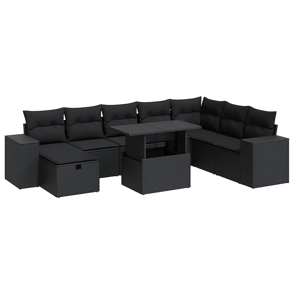 Set Divani da Giardino 9 pz con Cuscini Nero in Polyrattan | homemem39