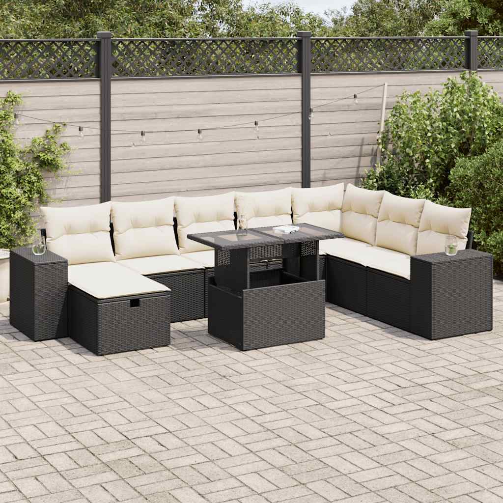 Set Divani da Giardino 9 pz con Cuscini Nero in Polyrattan | homemem39