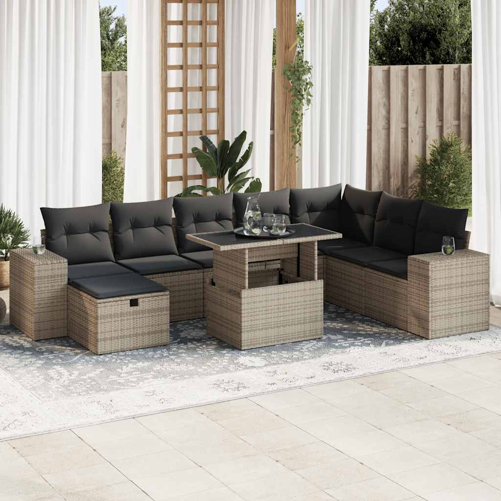 Set Divano da Giardino 9 pz con Cuscini Grigio in Polyrattan | homemem39