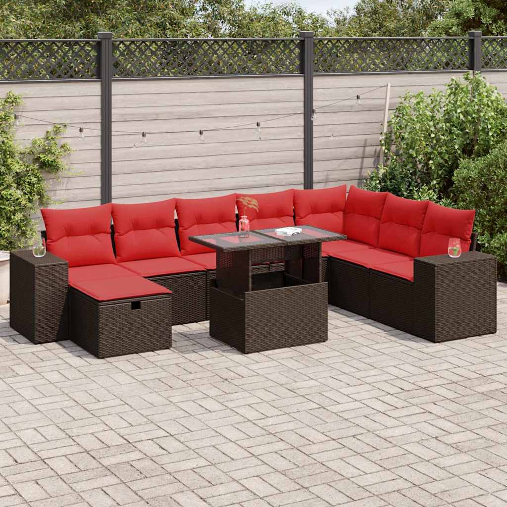 Set Divani da Giardino 9 pz con Cuscini Nero Polyrattan Acacia
