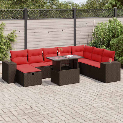 Set Divani da Giardino 9 pz con Cuscini Nero Polyrattan Acacia