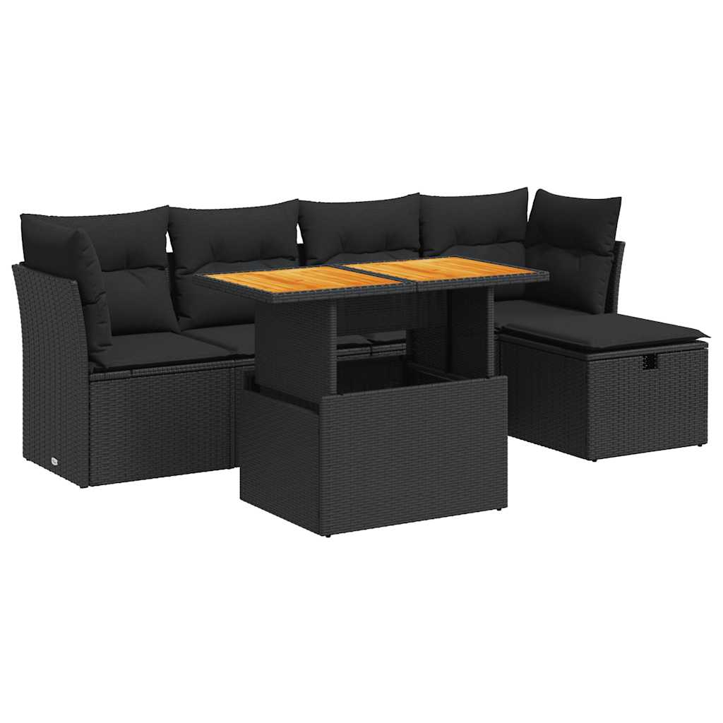 Set Divano da Giardino 6 pz con Cuscini Nero Polyrattan Acacia | homemem39