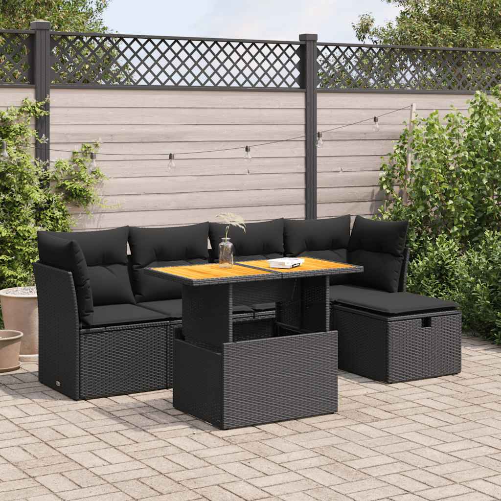 Set Divano da Giardino 6 pz con Cuscini Nero Polyrattan Acacia | homemem39