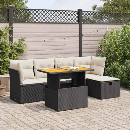 Set Divano da Giardino 6 pz con Cuscini Nero Polyrattan Acacia
