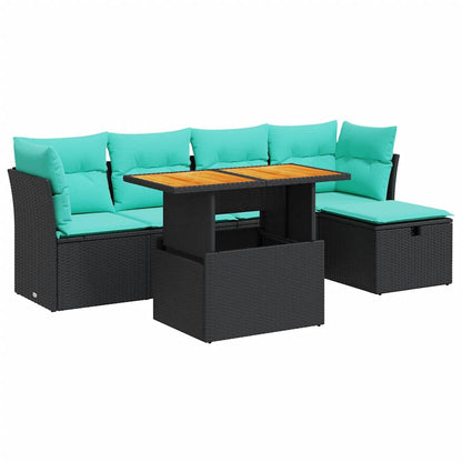 Set Divano da Giardino 6 pz con Cuscini Nero Polyrattan Acacia | homemem39