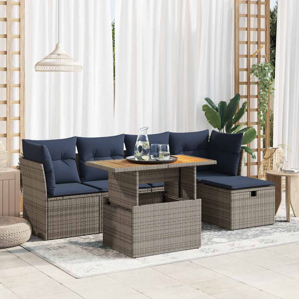 Set Divano da Giardino 6pz con Cuscini Grigio Polyrattan Acacia | homemem39
