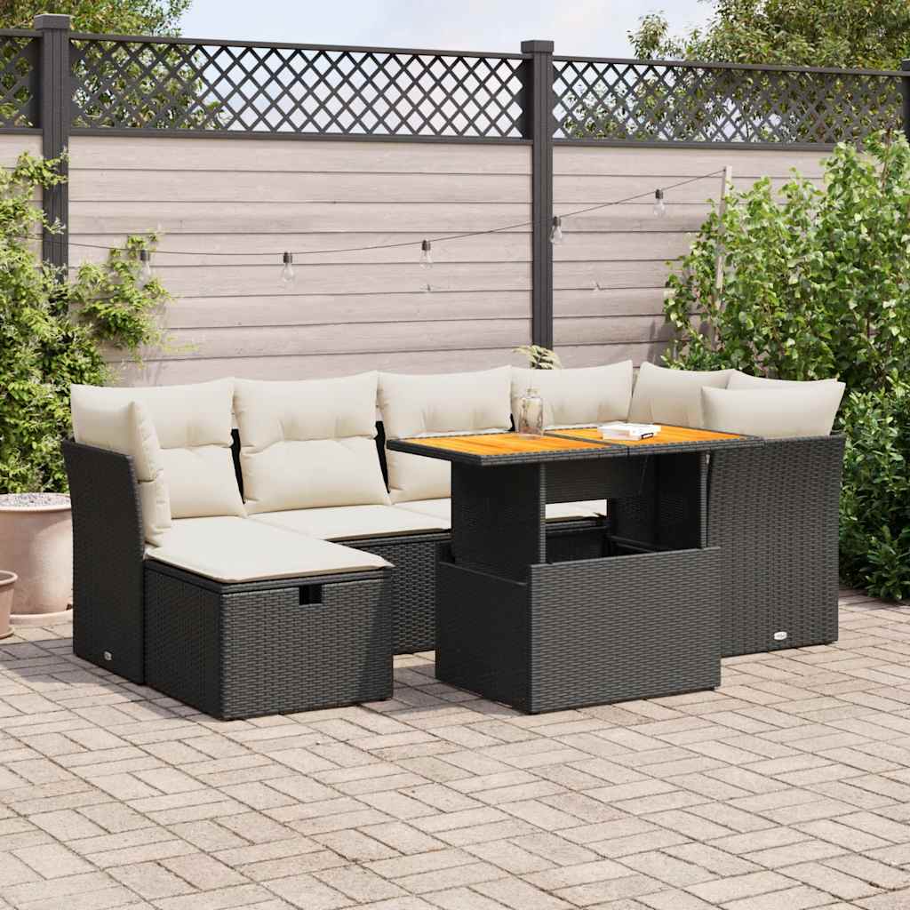 Set Divani da Giardino con Cuscini 7pz Nero Polyrattan Acacia
