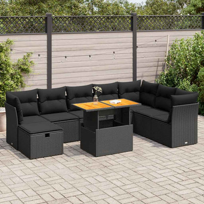 Set Divani da Giardino 9 pz con Cuscini Nero Polyrattan Acacia | homemem39