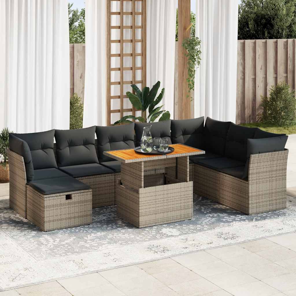 Set Divano da Giardino 9pz con Cuscini Grigio Polyrattan Acacia | homemem39