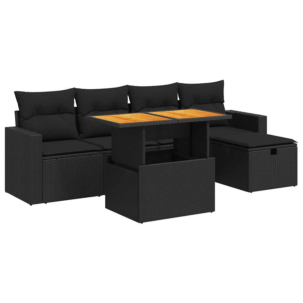 Set Divano da Giardino 6 pz con Cuscini Nero Polyrattan Acacia | homemem39