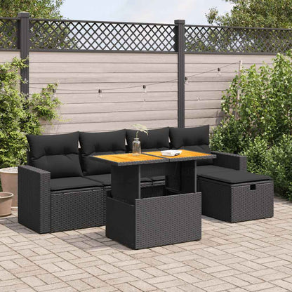 Set Divano da Giardino 6 pz con Cuscini Nero Polyrattan Acacia | homemem39