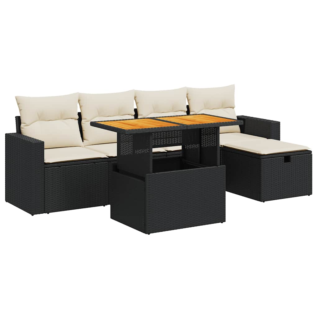 Set Divano da Giardino 6 pz con Cuscini Nero Polyrattan Acacia | homemem39